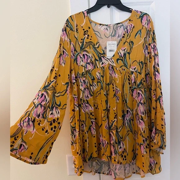 Free People Golden Yellow Bella Floral Print Tunic - Picture 2 of 4